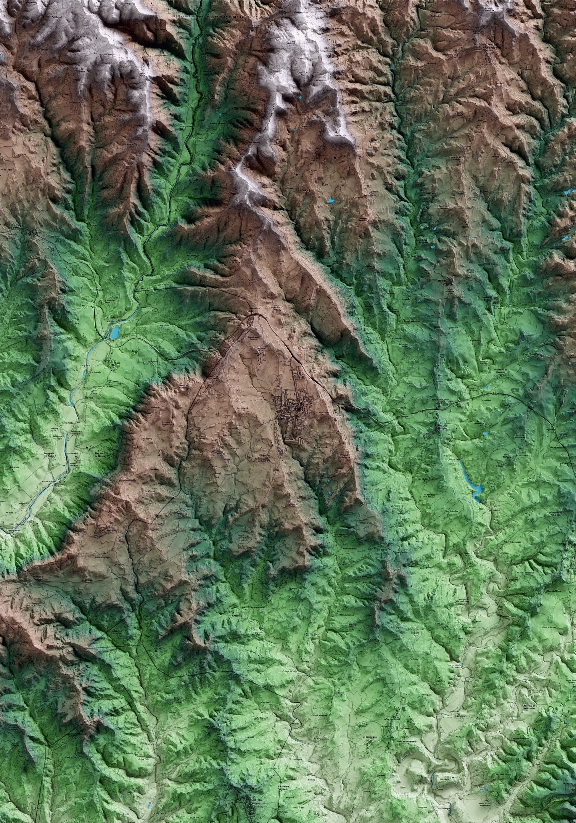 Mapa artístico del relieve de Prats de Lluçanès, al Lluçanès, con 15 km de entorno y base topográfica ICGC