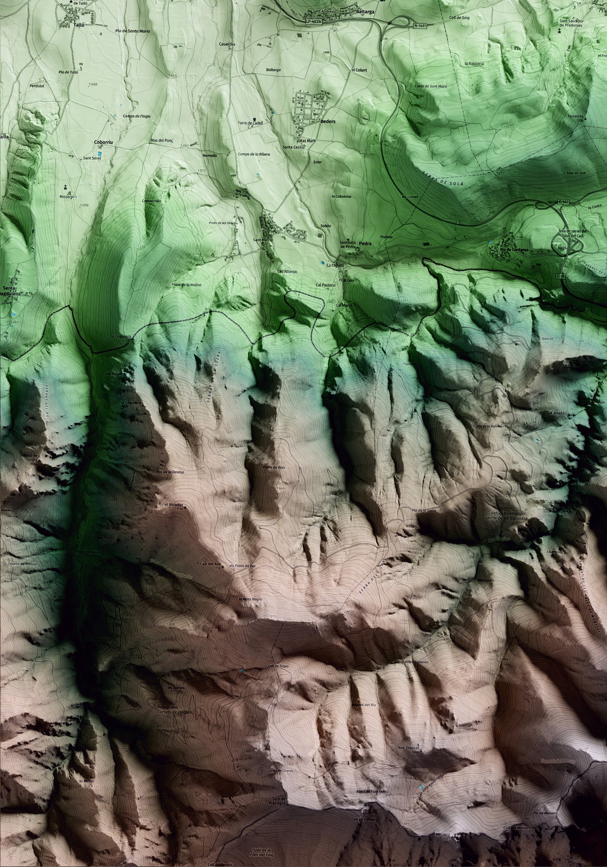 Mapa artístico del relieve de Prats i Sansor, a la Cerdanya, con 15 km de entorno y base topográfica ICGC. Detalle de la zona inferior izquierda.