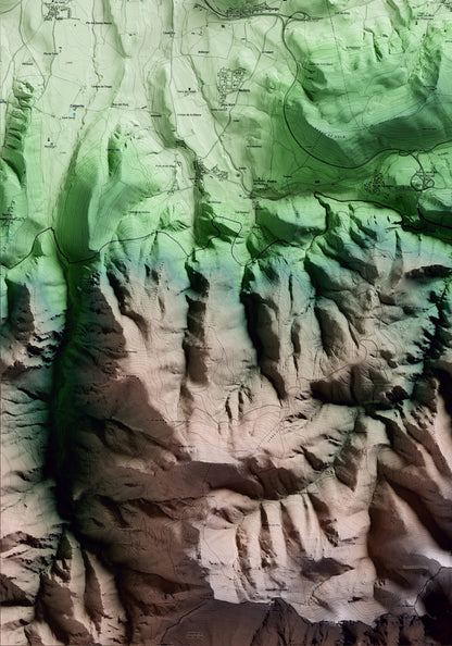 Mapa artístico del relieve de Prats i Sansor, a la Cerdanya, con 15 km de entorno y base topográfica ICGC. Detalle de la zona inferior izquierda.