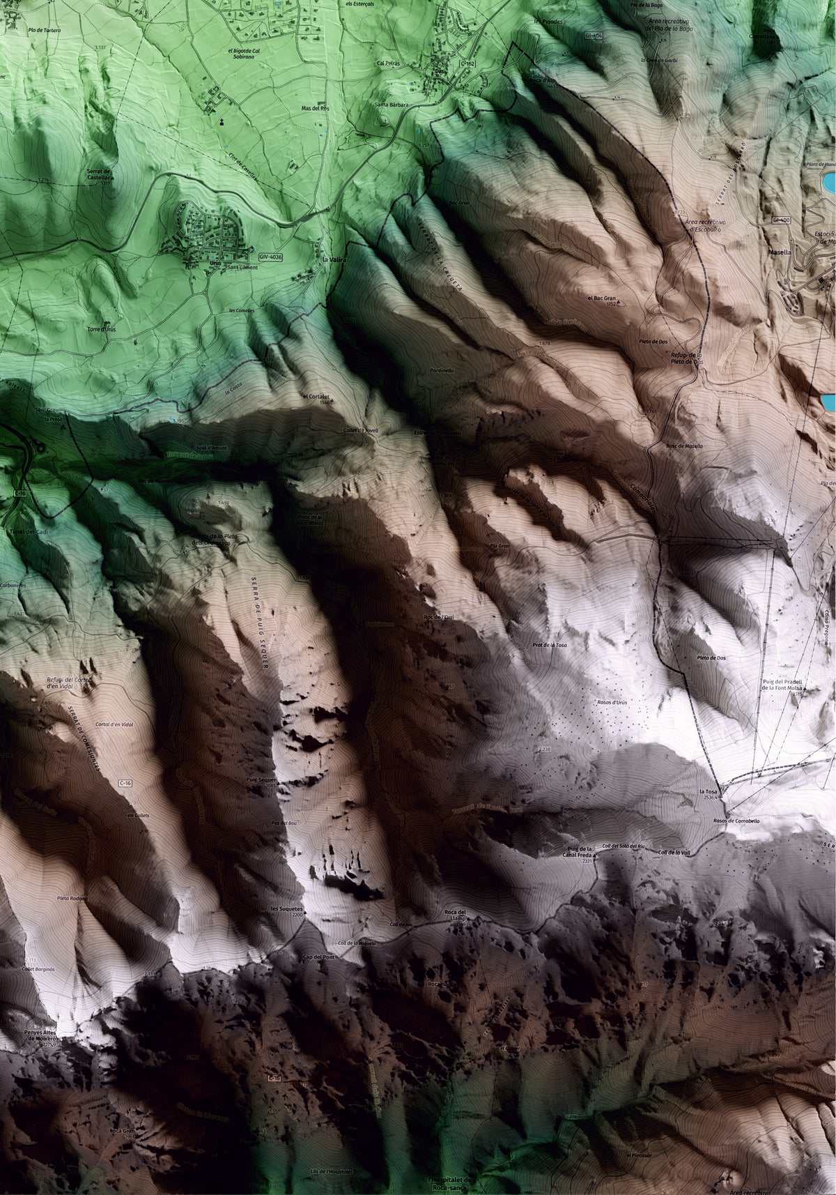 Mapa artístico del relieve de Prats i Sansor, a la Cerdanya, con 15 km de entorno y base topográfica ICGC. Detalle de la zona inferior derecha.