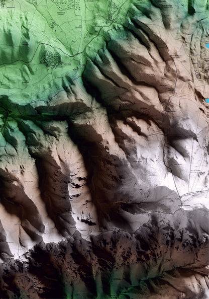 Mapa artístico del relieve de Prats i Sansor, a la Cerdanya, con 15 km de entorno y base topográfica ICGC. Detalle de la zona inferior derecha.