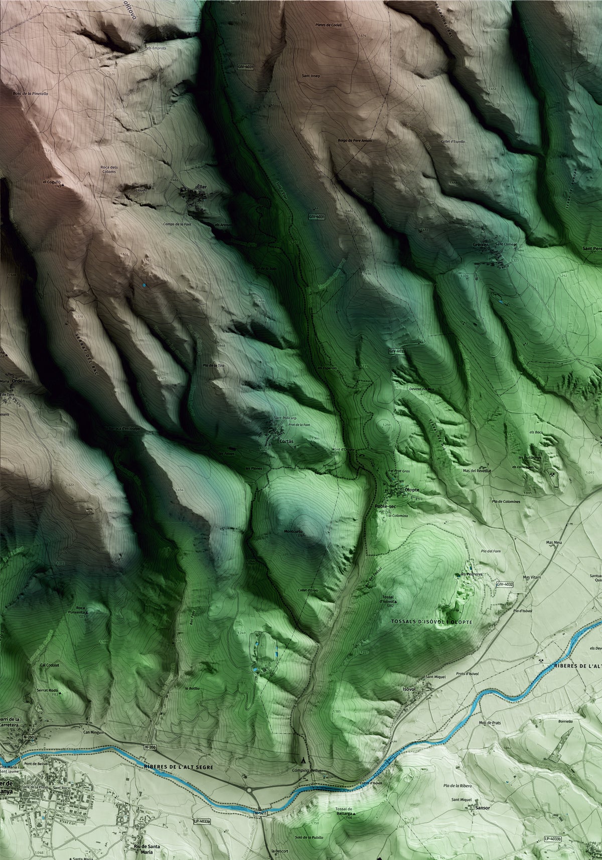 Mapa artístico del relieve de Prats i Sansor, a la Cerdanya, con 15 km de entorno y base topográfica ICGC. Detalle de la zona superior izquierda.
