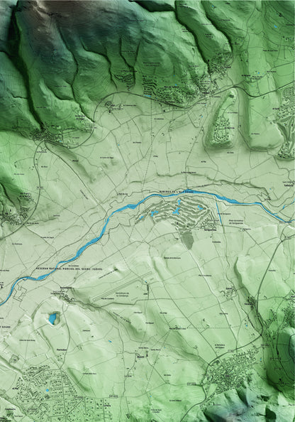Mapa artístico del relieve de Prats i Sansor, a la Cerdanya, con 15 km de entorno y base topográfica ICGC. Detalle de la zona superior derecha.