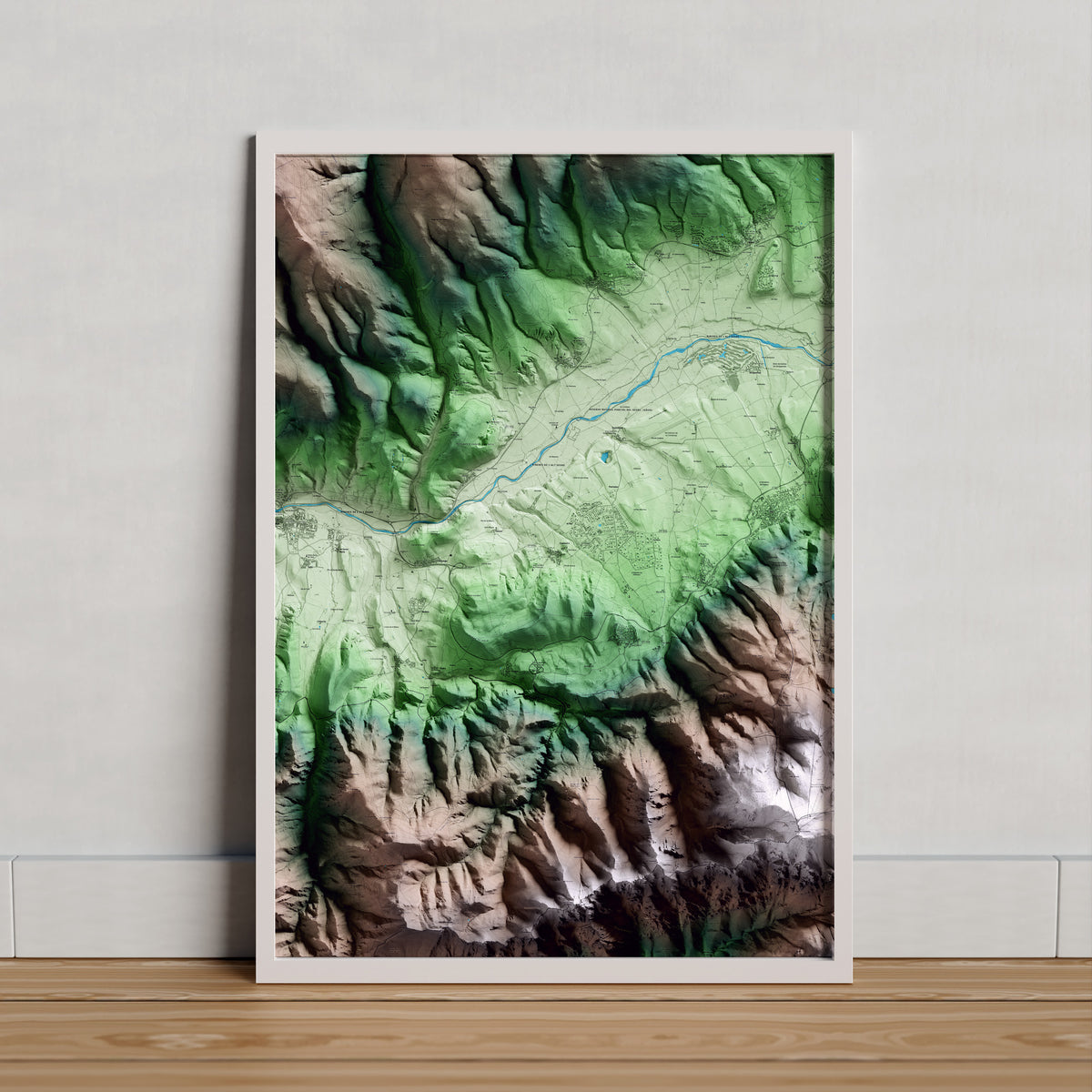 Mapa artístico del relieve de Prats i Sansor, a la Cerdanya, con 15 km de entorno y base topográfica ICGC. Presentación enmarcada.