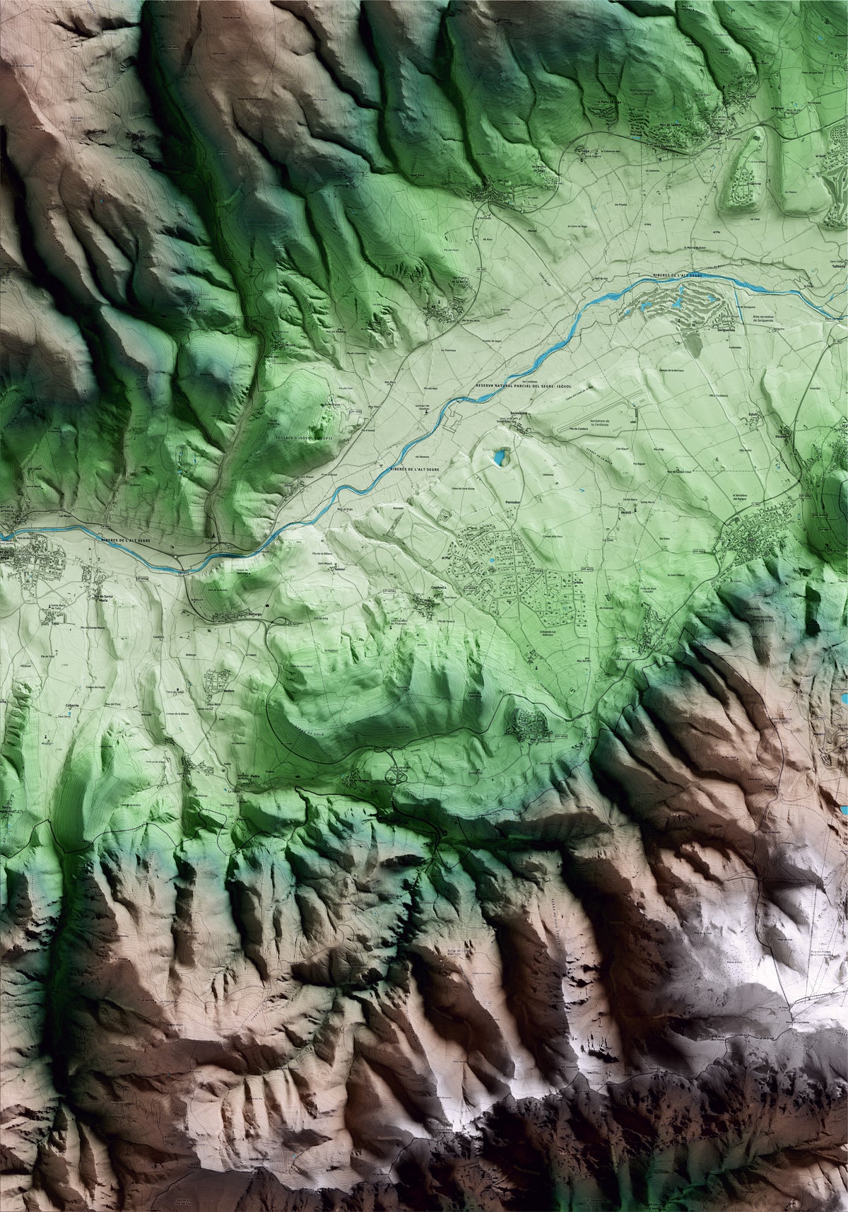 Mapa artístico del relieve de Prats i Sansor, a la Cerdanya, con 15 km de entorno y base topográfica ICGC