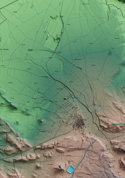 Mapa artístico del relieve de Preixana, al Urgell, con 15 km de entorno y base topográfica ICGC. Detalle de la zona inferior izquierda.