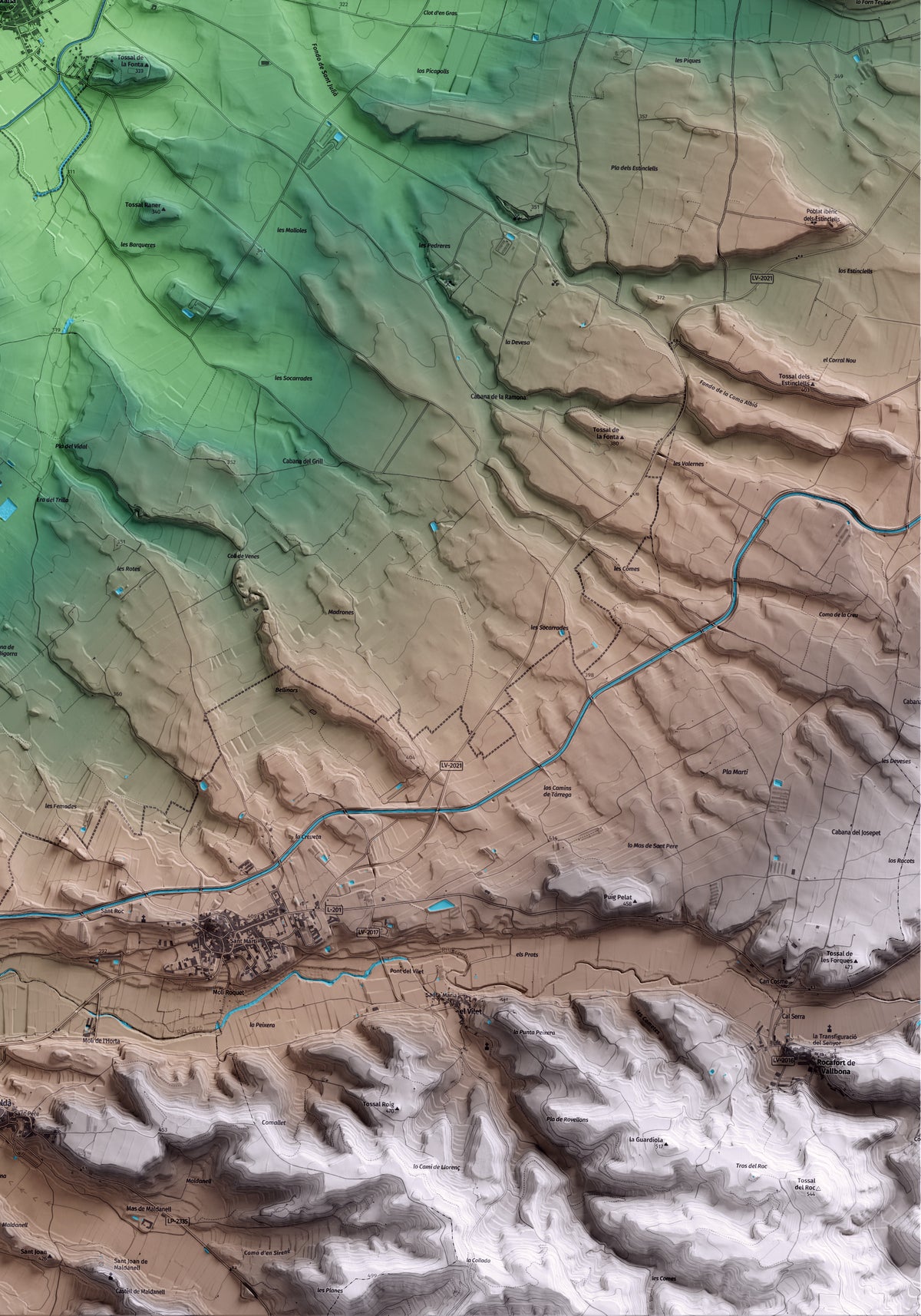 Mapa artístico del relieve de Preixana, al Urgell, con 15 km de entorno y base topográfica ICGC. Detalle de la zona inferior derecha.