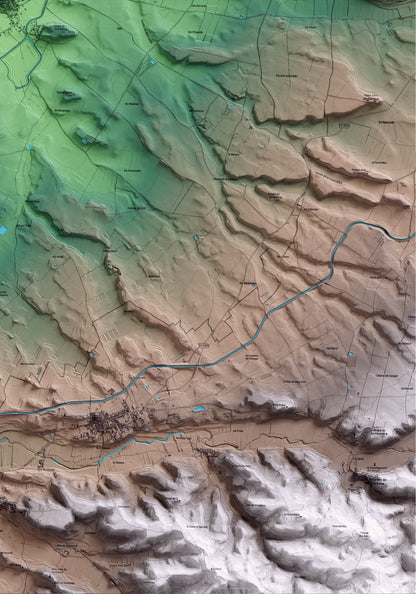 Mapa artístico del relieve de Preixana, al Urgell, con 15 km de entorno y base topográfica ICGC. Detalle de la zona inferior derecha.