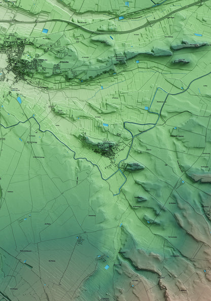 Mapa artístico del relieve de Preixana, al Urgell, con 15 km de entorno y base topográfica ICGC. Detalle de la zona central.