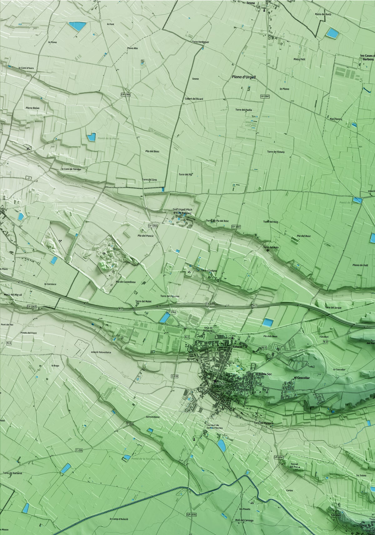 Mapa artístico del relieve de Preixana, al Urgell, con 15 km de entorno y base topográfica ICGC. Detalle de la zona superior izquierda.