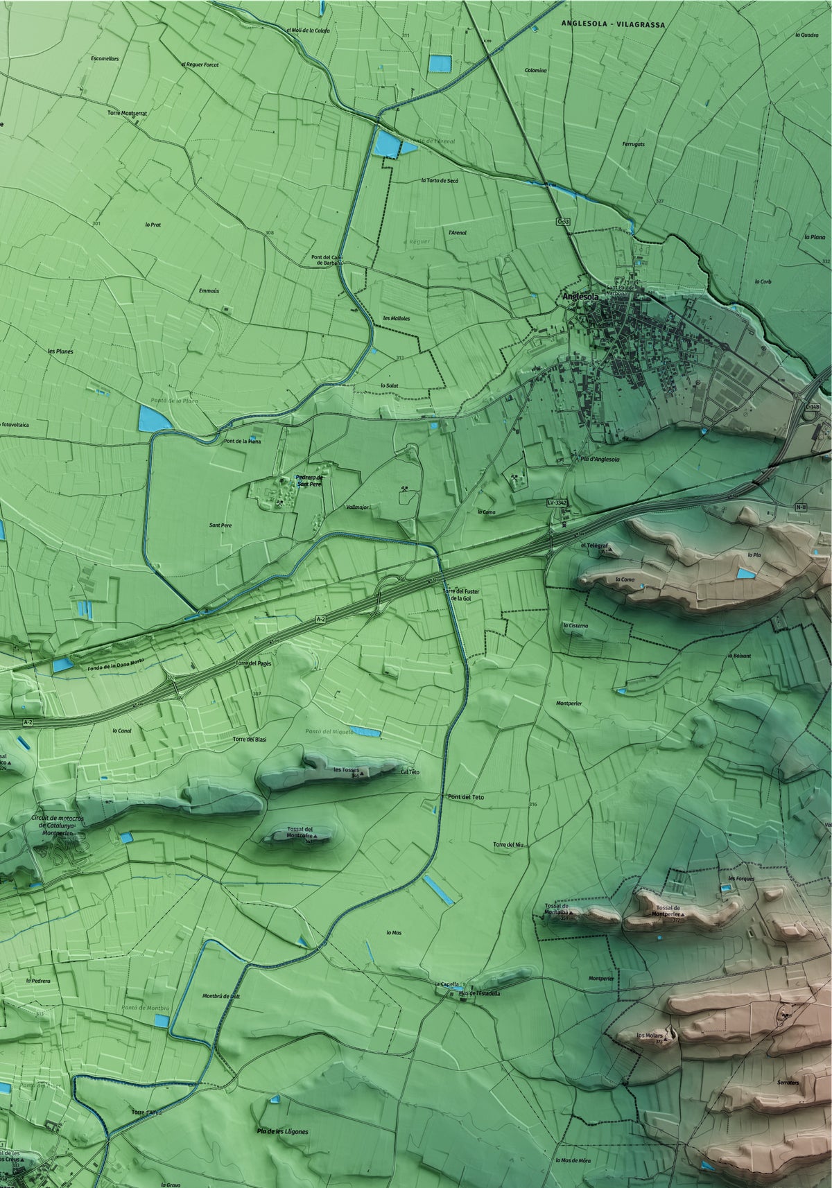 Mapa artístico del relieve de Preixana, al Urgell, con 15 km de entorno y base topográfica ICGC. Detalle de la zona superior derecha.