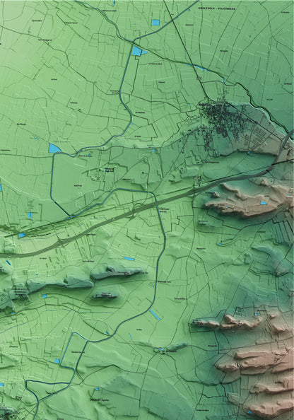 Mapa artístico del relieve de Preixana, al Urgell, con 15 km de entorno y base topográfica ICGC. Detalle de la zona superior derecha.