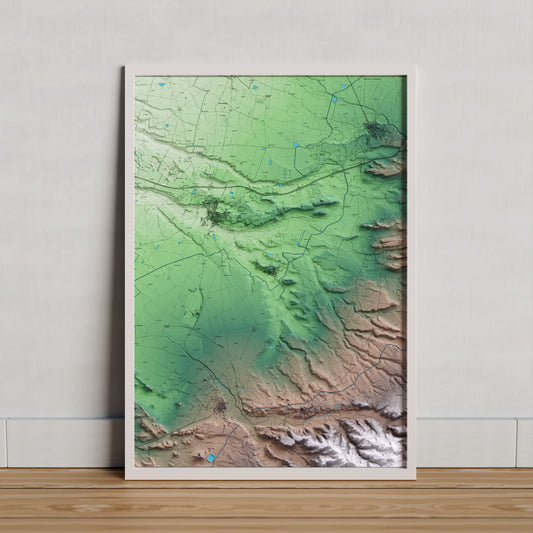 Mapa artístico del relieve de Preixana, al Urgell, con 15 km de entorno y base topográfica ICGC. Presentación enmarcada.