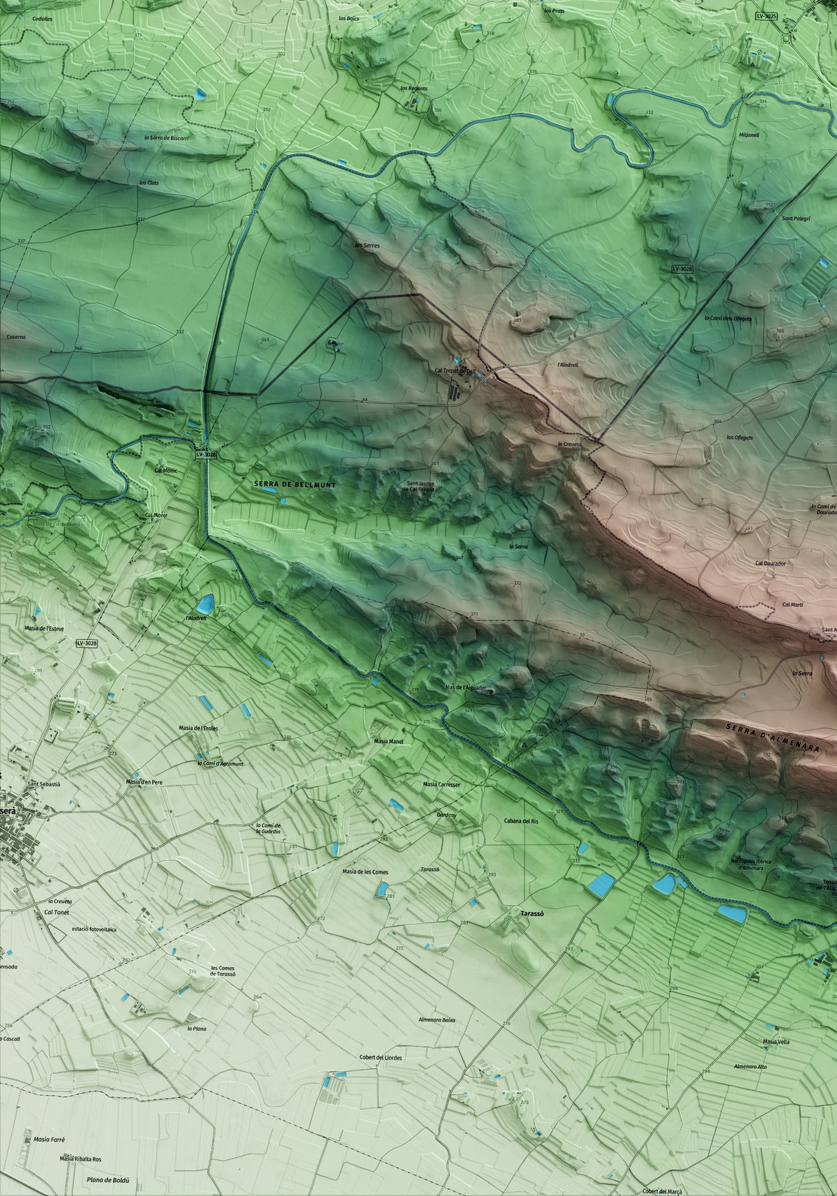 Mapa artístico del relieve de Preixens, a la Noguera, con 15 km de entorno y base topográfica ICGC. Detalle de la zona inferior izquierda.