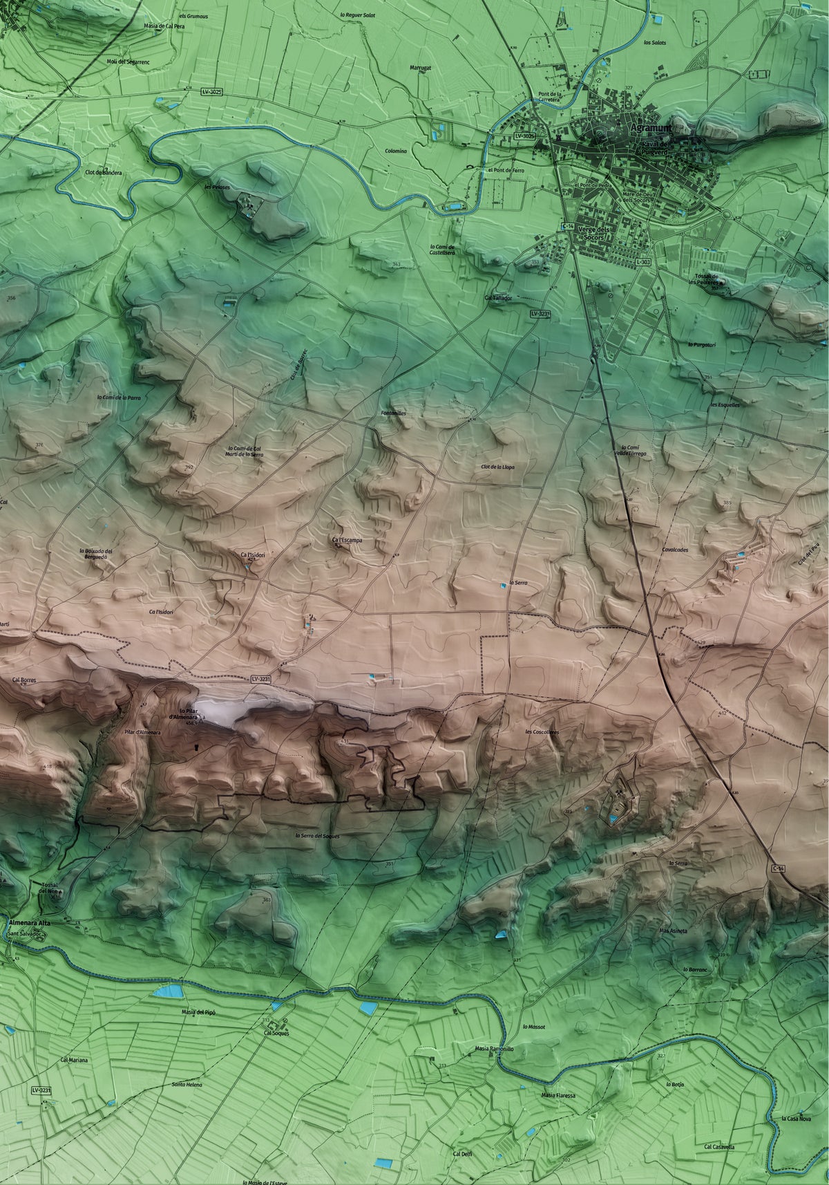 Mapa artístico del relieve de Preixens, a la Noguera, con 15 km de entorno y base topográfica ICGC. Detalle de la zona inferior derecha.