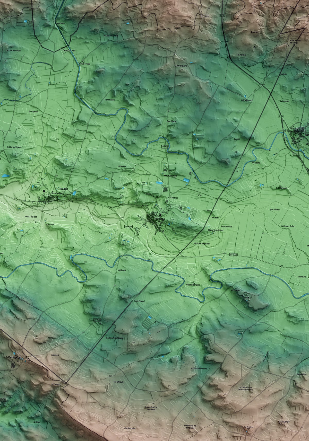 Mapa artístico del relieve de Preixens, a la Noguera, con 15 km de entorno y base topográfica ICGC. Detalle de la zona central.