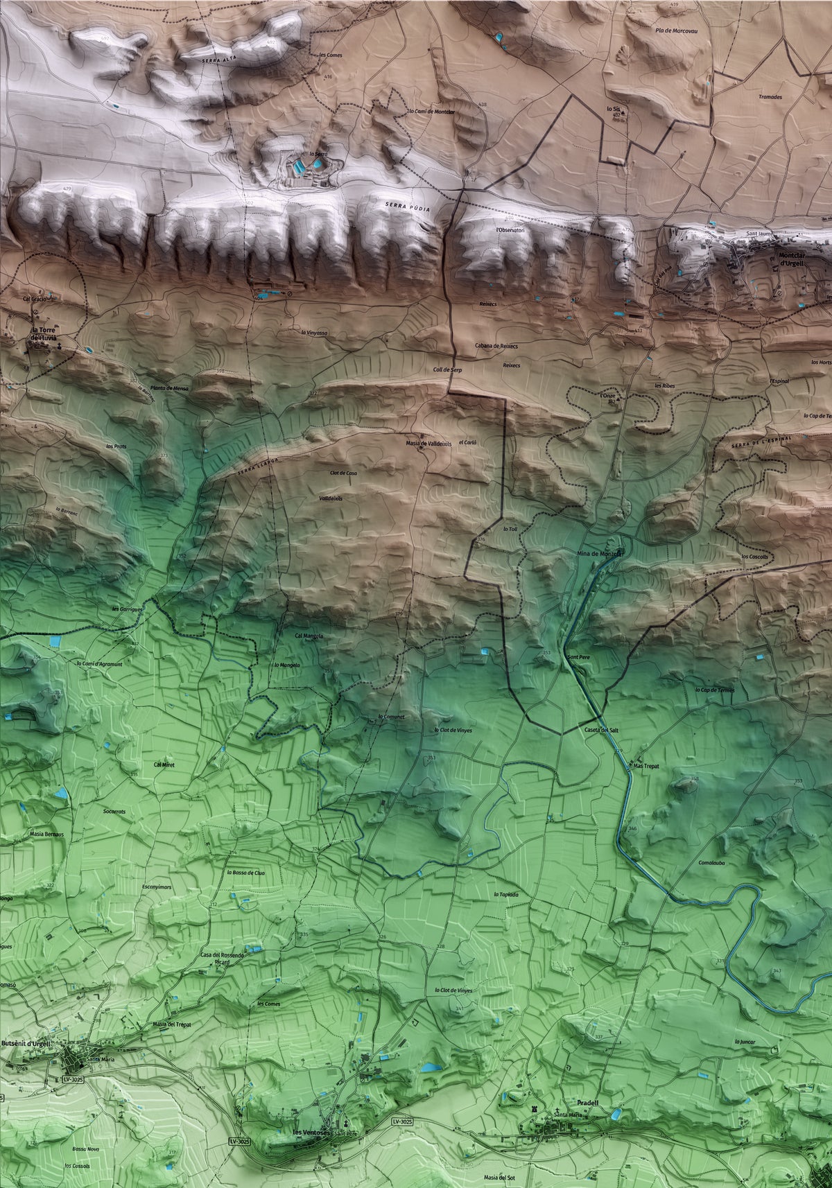 Mapa artístico del relieve de Preixens, a la Noguera, con 15 km de entorno y base topográfica ICGC. Detalle de la zona superior izquierda.