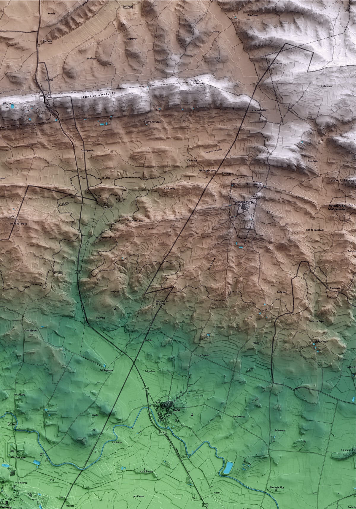 Mapa artístico del relieve de Preixens, a la Noguera, con 15 km de entorno y base topográfica ICGC. Detalle de la zona superior derecha.
