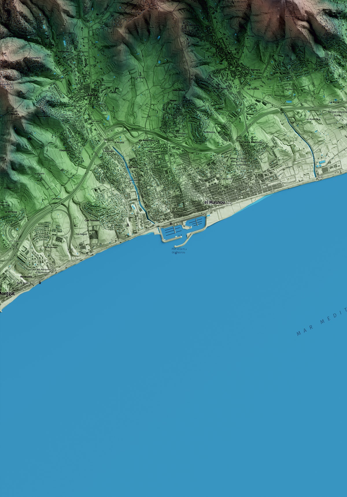 Mapa artístico del relieve de Premià de Dalt, al Maresme, con 15 km de entorno y base topográfica ICGC. Detalle de la zona inferior izquierda.