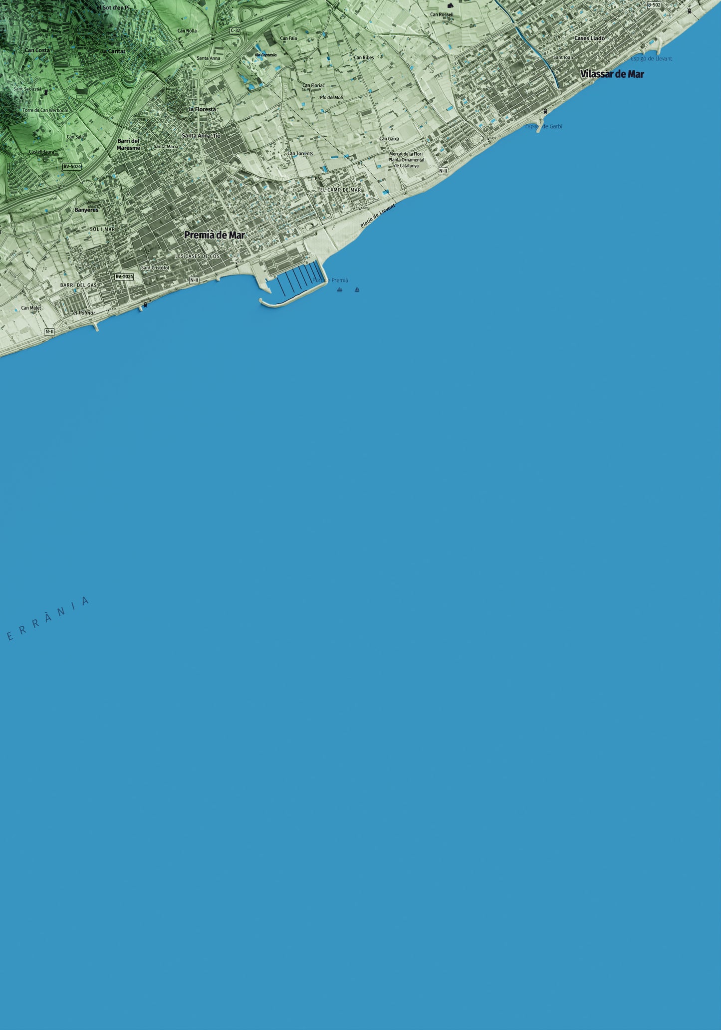 Mapa artístico del relieve de Premià de Dalt, al Maresme, con 15 km de entorno y base topográfica ICGC. Detalle de la zona inferior derecha.