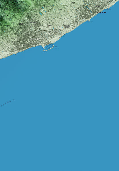 Mapa artístico del relieve de Premià de Dalt, al Maresme, con 15 km de entorno y base topográfica ICGC. Detalle de la zona inferior derecha.