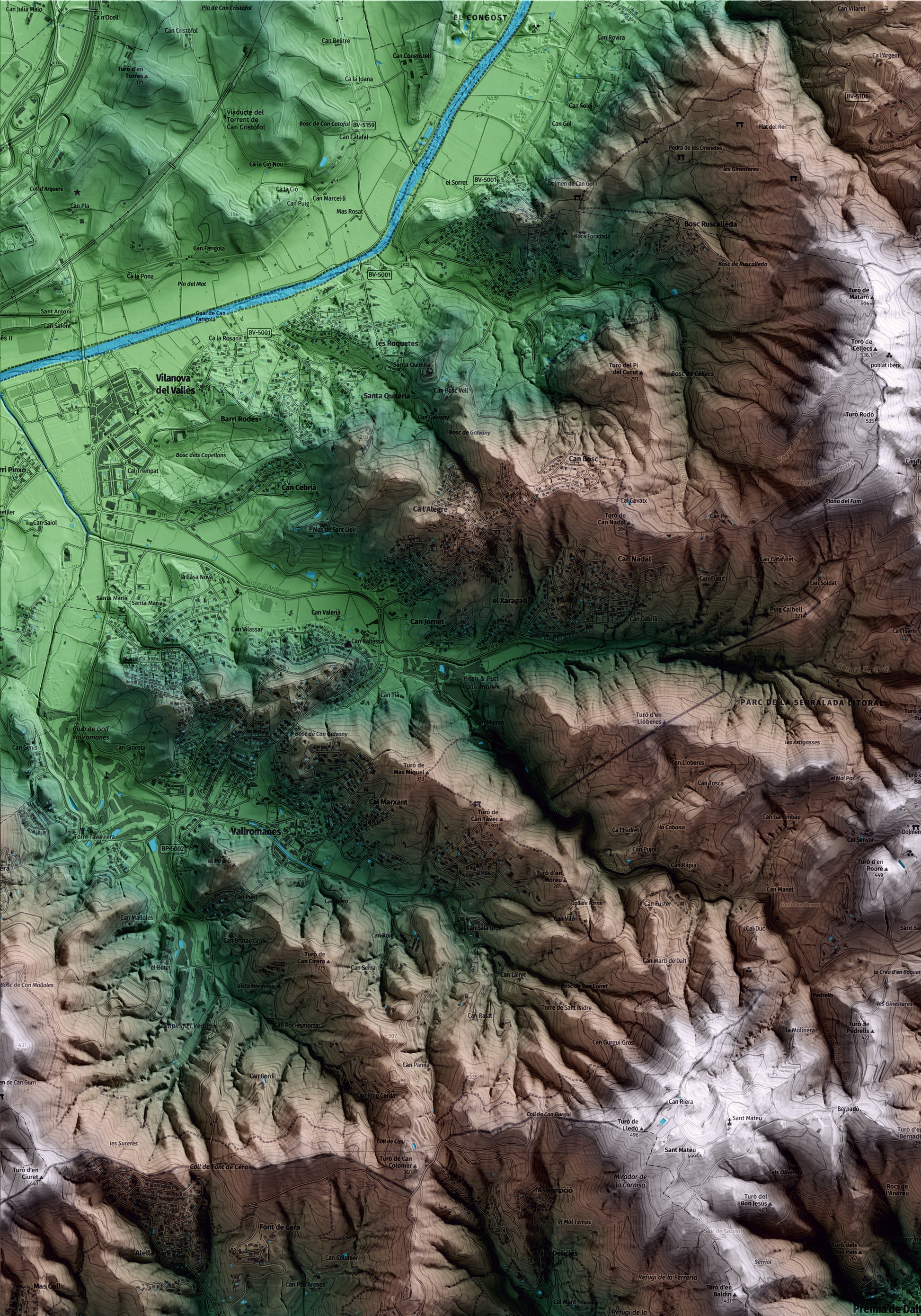 Mapa artístico del relieve de Premià de Dalt, al Maresme, con 15 km de entorno y base topográfica ICGC. Detalle de la zona superior izquierda.