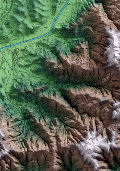 Mapa artístico del relieve de Premià de Dalt, al Maresme, con 15 km de entorno y base topográfica ICGC. Detalle de la zona superior izquierda.