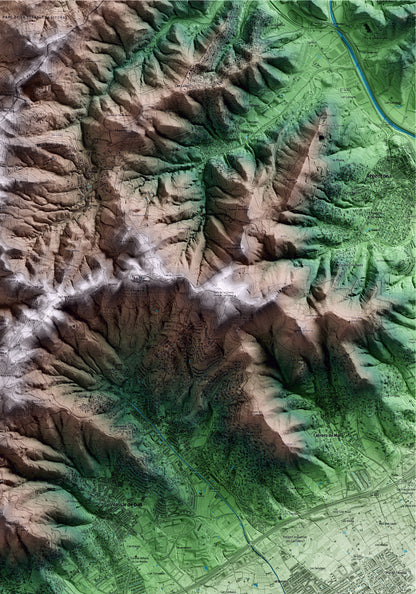 Mapa artístico del relieve de Premià de Dalt, al Maresme, con 15 km de entorno y base topográfica ICGC. Detalle de la zona superior derecha.
