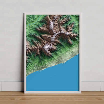 Mapa artístico del relieve de Premià de Dalt, al Maresme, con 15 km de entorno y base topográfica ICGC. Presentación enmarcada.