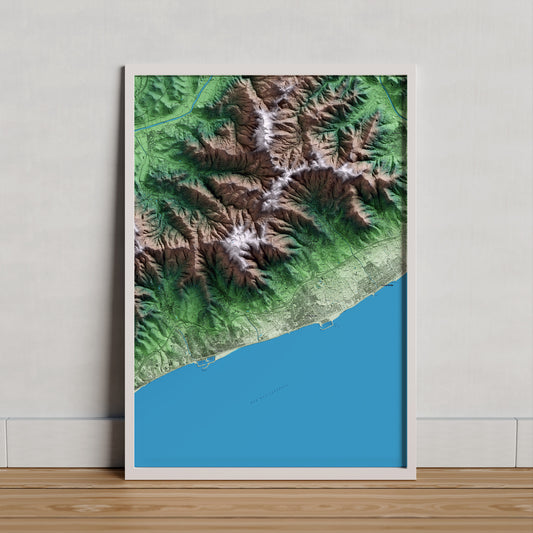 Mapa artístico del relieve de Premià de Dalt, al Maresme, con 15 km de entorno y base topográfica ICGC. Presentación enmarcada.
