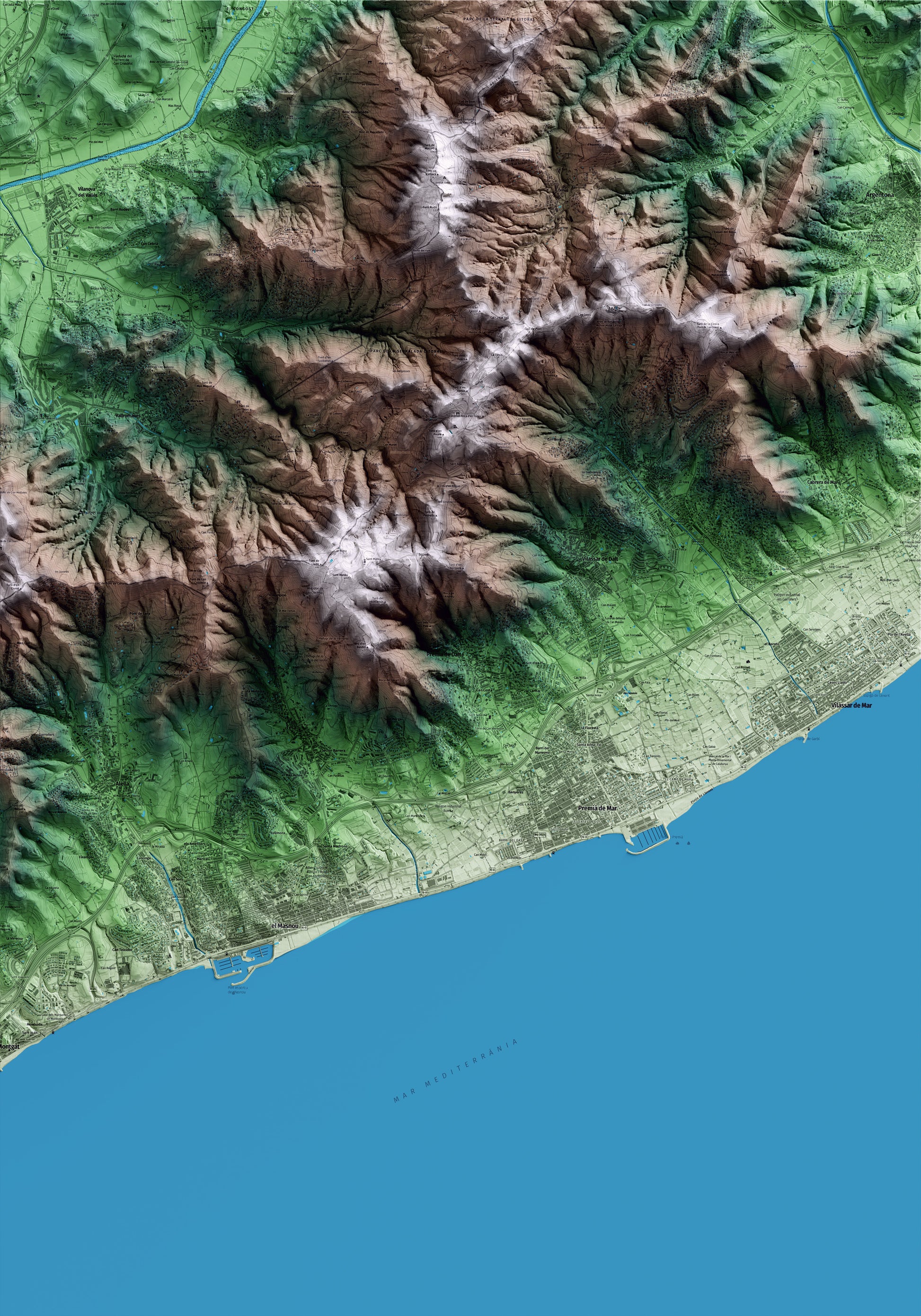 Mapa artístico del relieve de Premià de Dalt, al Maresme, con 15 km de entorno y base topográfica ICGC
