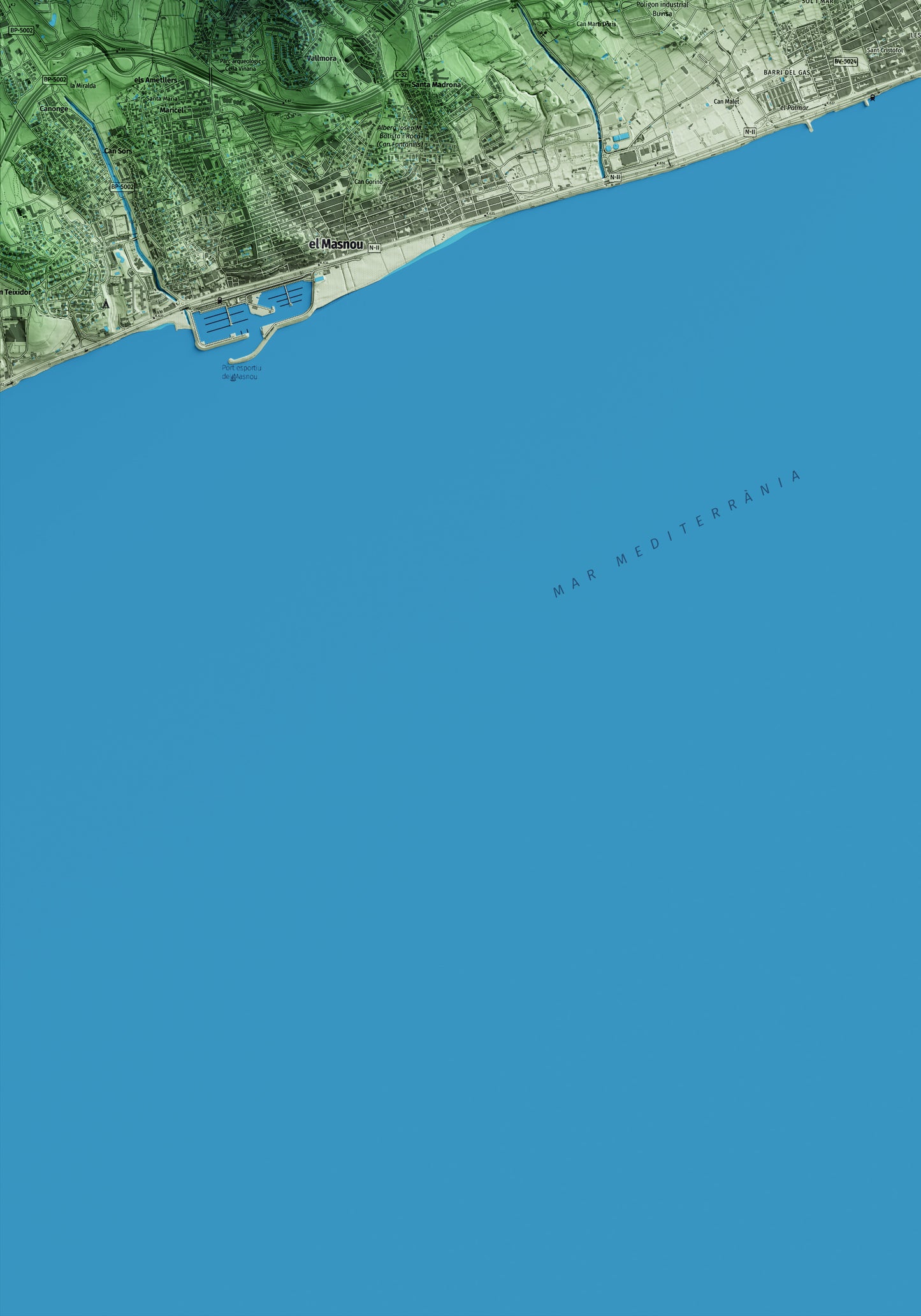 Mapa artístico del relieve de Premià de Mar, al Maresme, con 15 km de entorno y base topográfica ICGC. Detalle de la zona inferior izquierda.