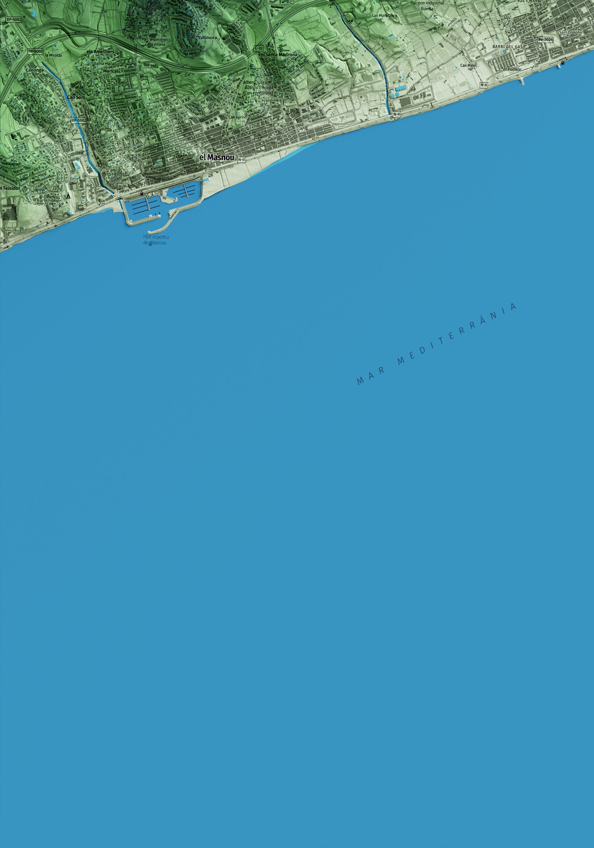 Mapa artístico del relieve de Premià de Mar, al Maresme, con 15 km de entorno y base topográfica ICGC. Detalle de la zona inferior izquierda.
