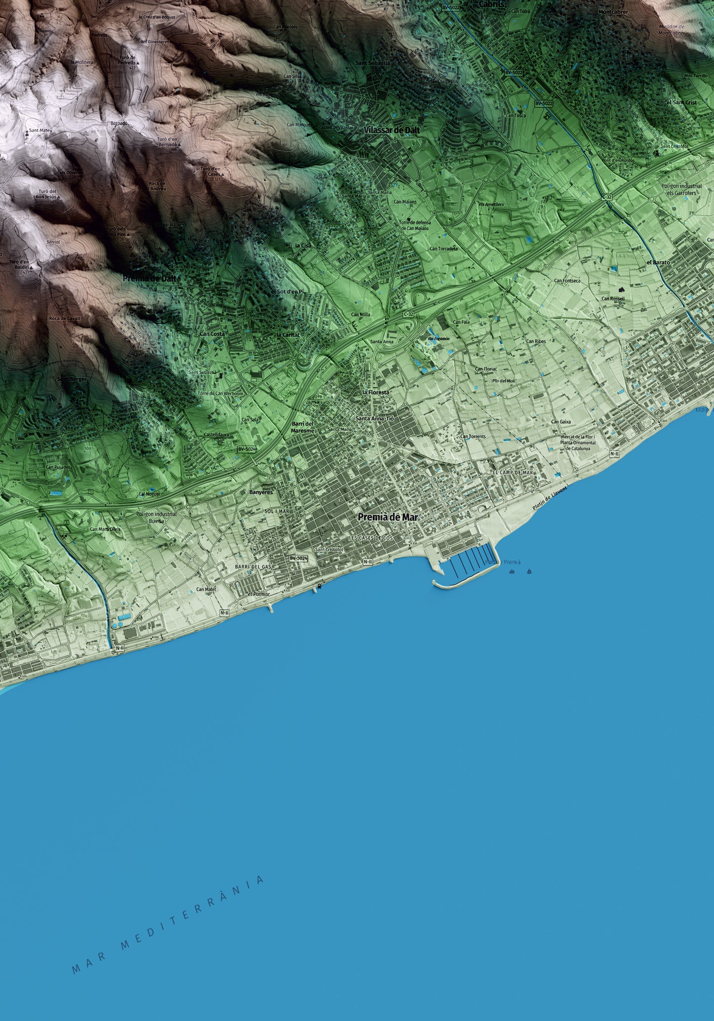 Mapa artístico del relieve de Premià de Mar, al Maresme, con 15 km de entorno y base topográfica ICGC. Detalle de la zona central.