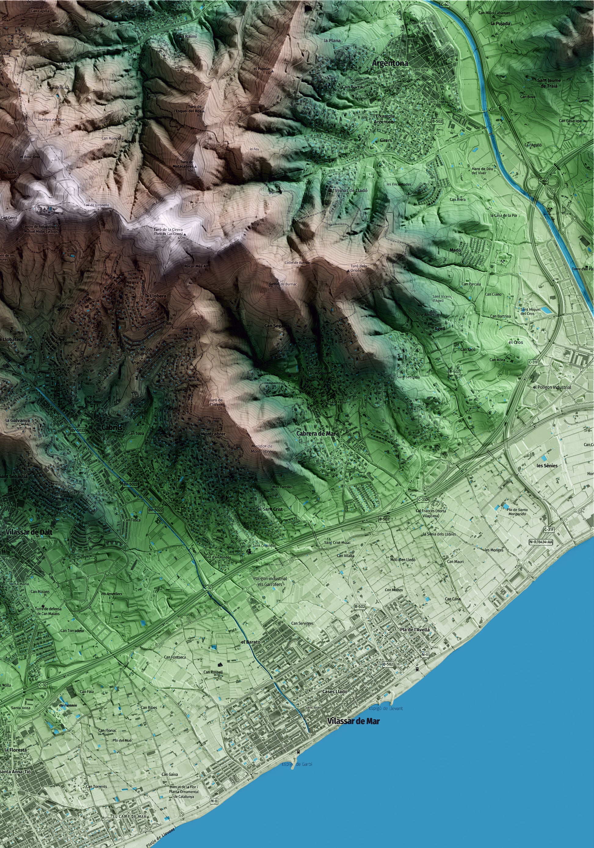 Mapa artístico del relieve de Premià de Mar, al Maresme, con 15 km de entorno y base topográfica ICGC. Detalle de la zona superior derecha.