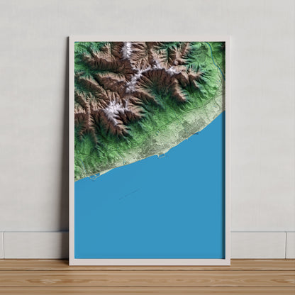 Mapa artístico del relieve de Premià de Mar, al Maresme, con 15 km de entorno y base topográfica ICGC. Presentación enmarcada.