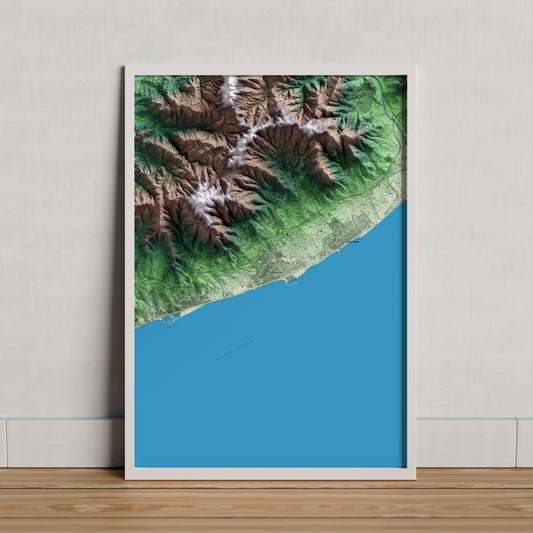 Mapa artístico del relieve de Premià de Mar, al Maresme, con 15 km de entorno y base topográfica ICGC. Presentación enmarcada.