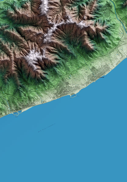 Mapa artístico del relieve de Premià de Mar, al Maresme, con 15 km de entorno y base topográfica ICGC