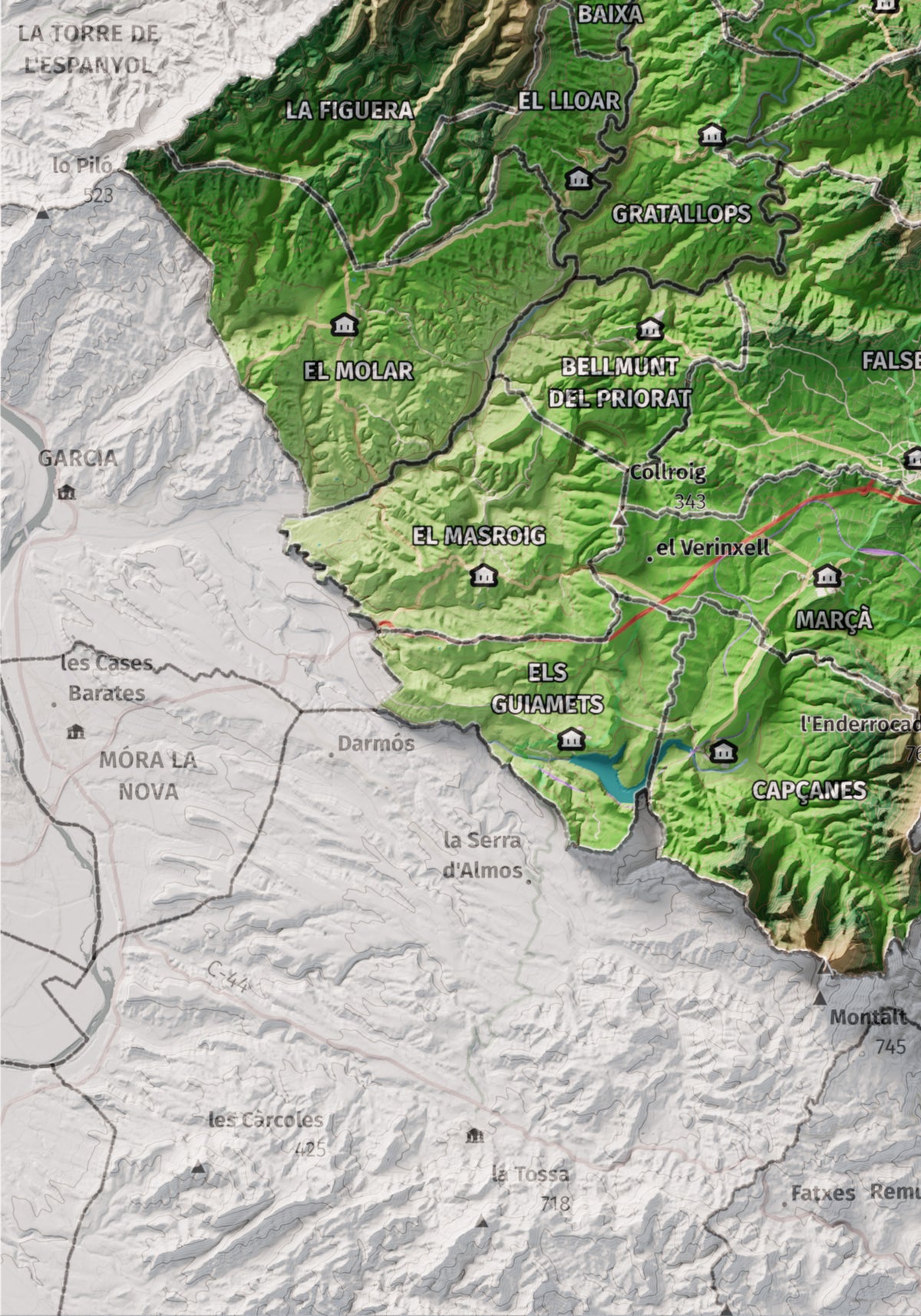 Mapa de relieve del Priorat, con el territorio en color y el entorno en blanco. Detalle de la zona inferior izquierda. 21 × 30 cm. Estilo Clásico.