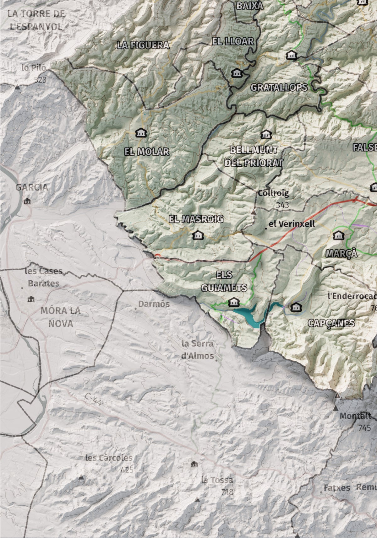 Mapa de relieve del Priorat, con el territorio en color y el entorno en blanco. Detalle de la zona inferior izquierda. 21 × 30 cm. Estilo Cartográfico.