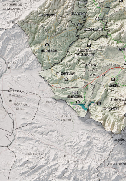 Mapa de relieve del Priorat, con el territorio en color y el entorno en blanco. Detalle de la zona inferior izquierda. 21 × 30 cm. Estilo Cartográfico.