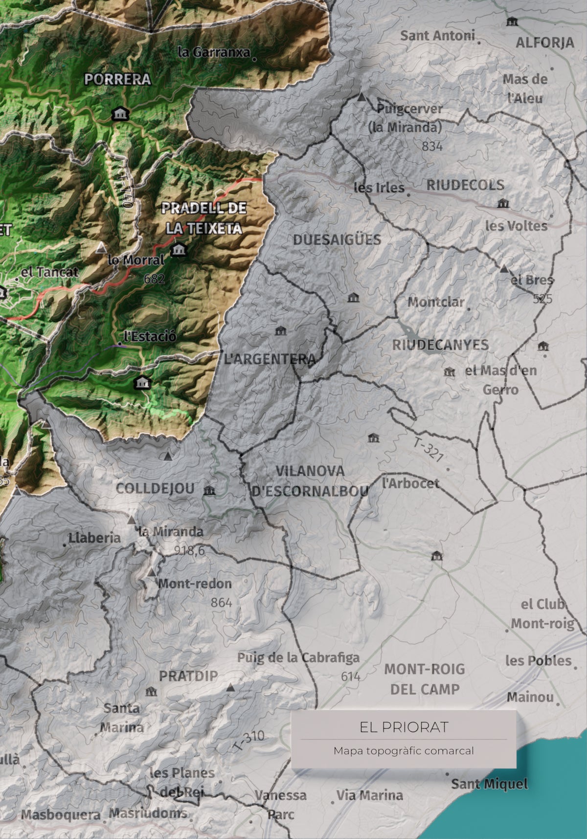 Mapa de relieve del Priorat, con el territorio en color y el entorno en blanco. Detalle de la zona inferior derecha. 21 × 30 cm. Estilo Clásico.
