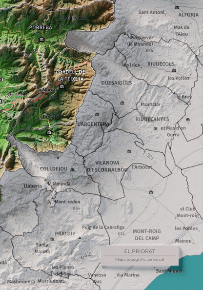 Mapa de relieve del Priorat, con el territorio en color y el entorno en blanco. Detalle de la zona inferior derecha. 21 × 30 cm. Estilo Clásico.