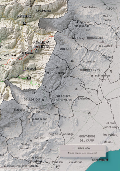 Mapa de relieve del Priorat, con el territorio en color y el entorno en blanco. Detalle de la zona inferior derecha. 21 × 30 cm. Estilo Cartográfico.