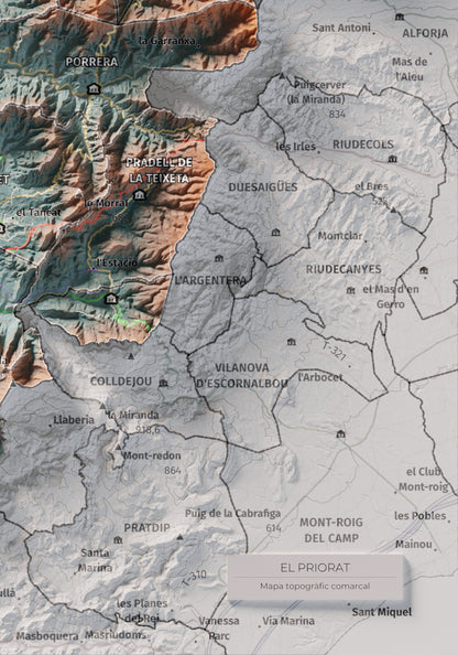 Mapa de relieve del Priorat, con el territorio en color y el entorno en blanco. Detalle de la zona inferior derecha. 21 × 30 cm. Estilo Azul y naranja.