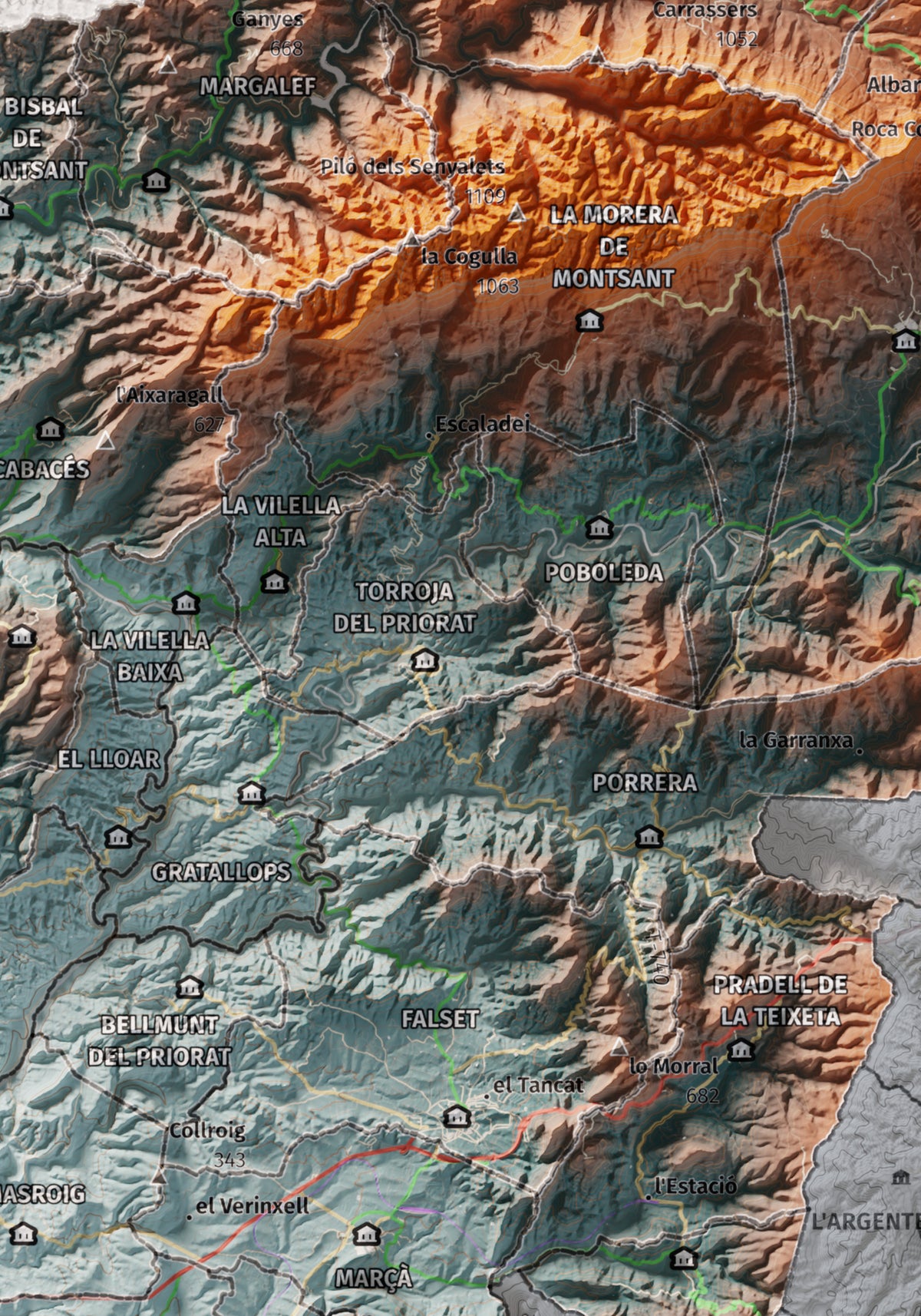 Mapa de relieve del Priorat, con el territorio en color y el entorno en blanco. Detalle de la zona central. 21 × 30 cm. Estilo Azul y naranja.