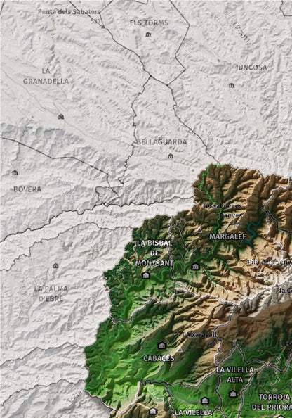 Mapa de relieve del Priorat, con el territorio en color y el entorno en blanco. Detalle de la zona superior izquierda. 21 × 30 cm. Estilo Clásico.