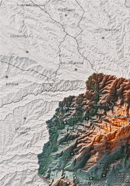 Mapa de relieve del Priorat, con el territorio en color y el entorno en blanco. Detalle de la zona superior izquierda. 21 × 30 cm. Estilo Azul y naranja.