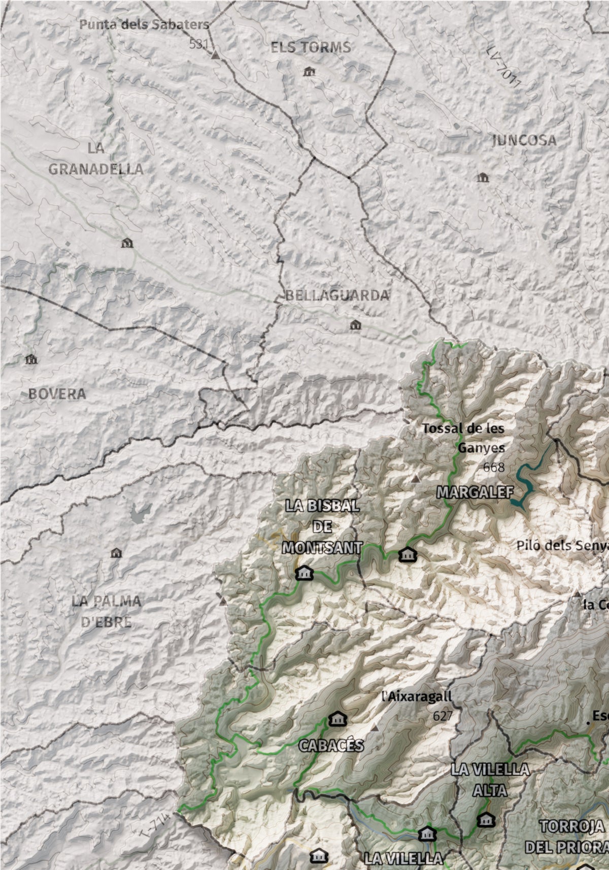 Mapa de relieve del Priorat, con el territorio en color y el entorno en blanco. Detalle de la zona superior izquierda. 21 × 30 cm. Estilo Cartográfico.