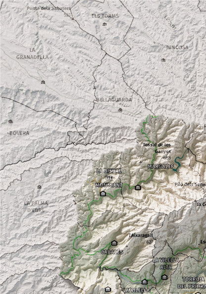 Mapa de relieve del Priorat, con el territorio en color y el entorno en blanco. Detalle de la zona superior izquierda. 21 × 30 cm. Estilo Cartográfico.